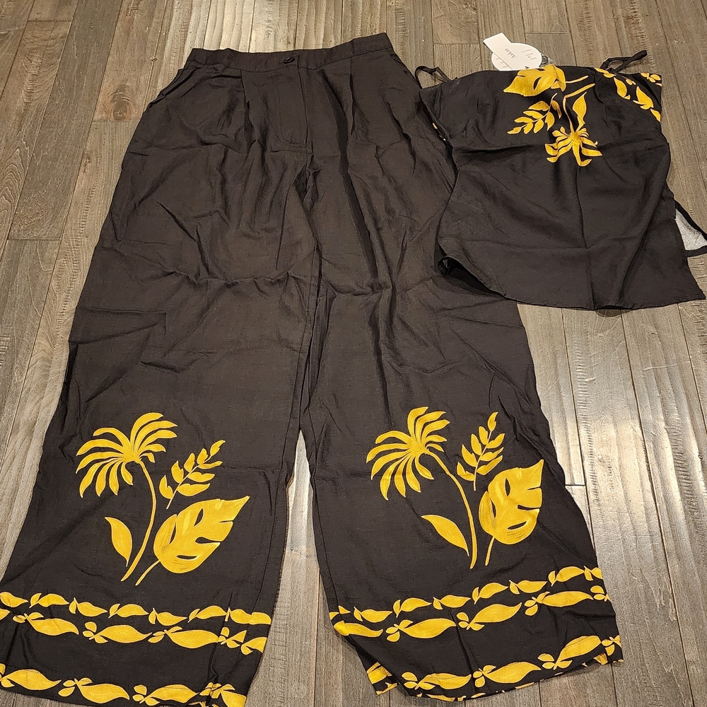 Black Two-Piece Set with Yellow Floral Print
